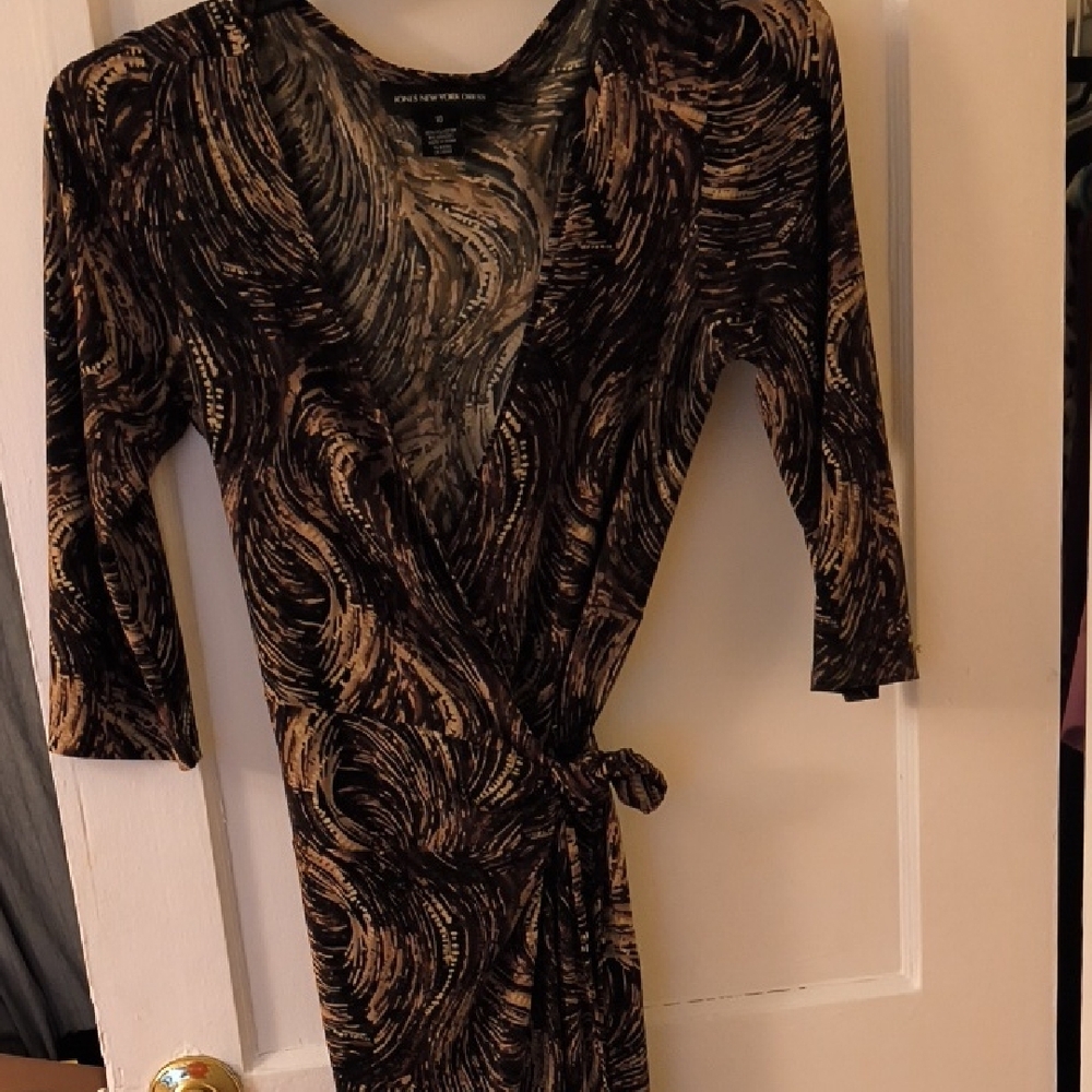 Jones New York Black and Gold Wrap Sheath Dress